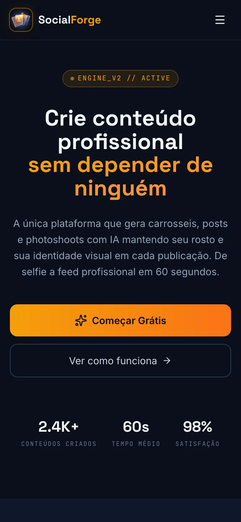 SocialForge, tela inicial no celular