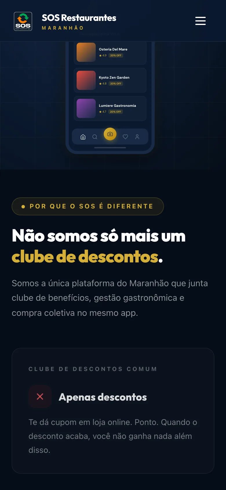 SOS Restaurantes, segunda tela no celular