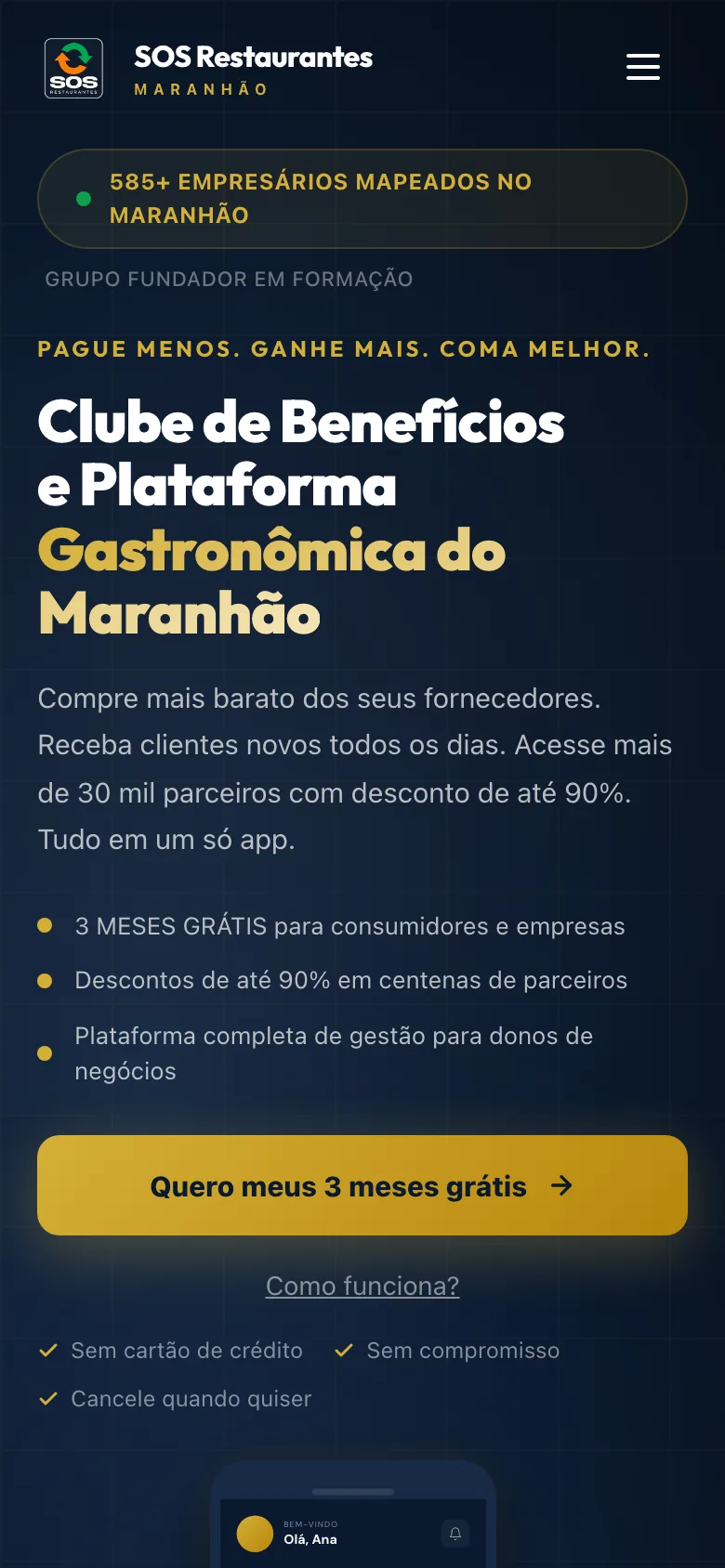 SOS Restaurantes, tela inicial no celular