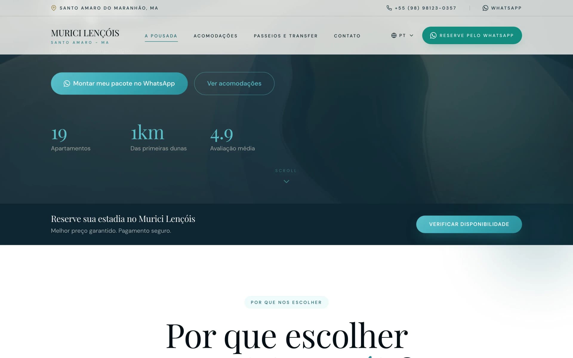Segunda tela do site Murici Lençóis